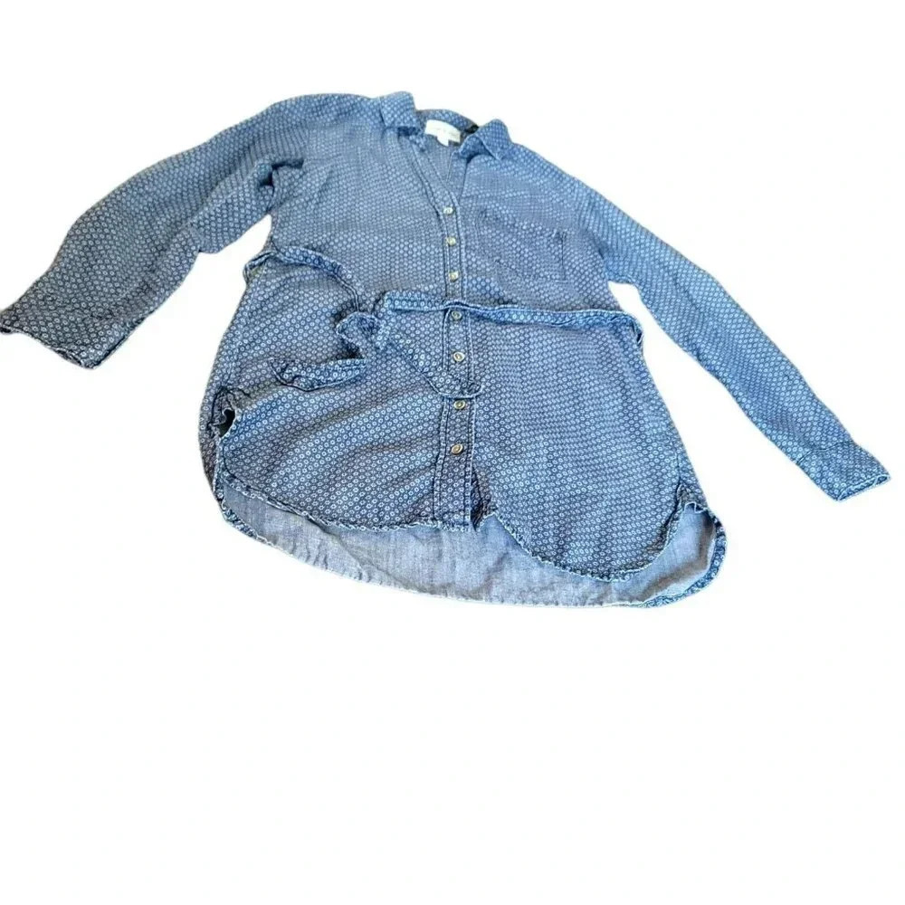 Cloth and Stone size xs Chambray Denim Printed Belted button down Tunic Top - Picture 7 of 10